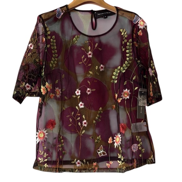 NWT Spencer & Olivia Embroidered Sheer Top floral - Picture 1 of 2